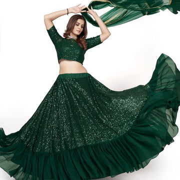 Green Multi Sequins Work lehenga choli with Net dupatta