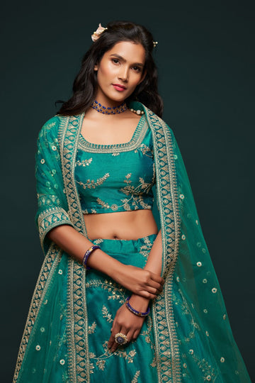 Teal blue Silk Zari, Sequins and Dori work lehenga choli for women bridal wear wedding wear lengha choli