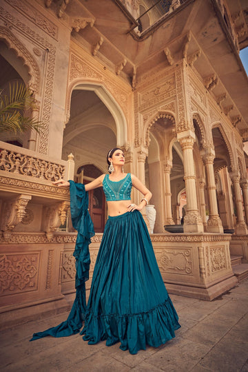 Designer Teal Blue color lehenga choli with  Embroidery Mirror , Thread work  wedding party wear lehenga choli with dupatta